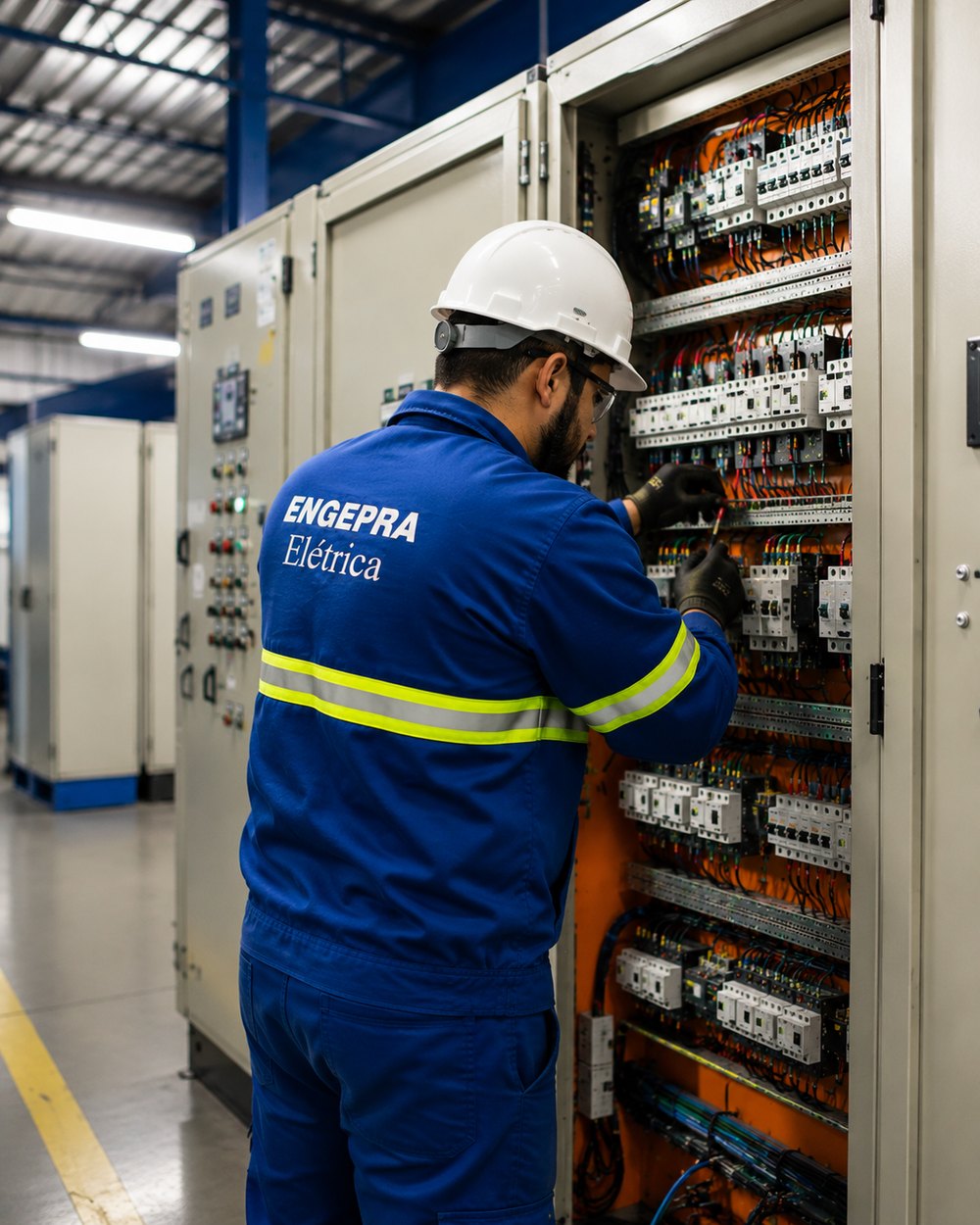 Técnico da Engepra executando montagem em painel elétrico industrial